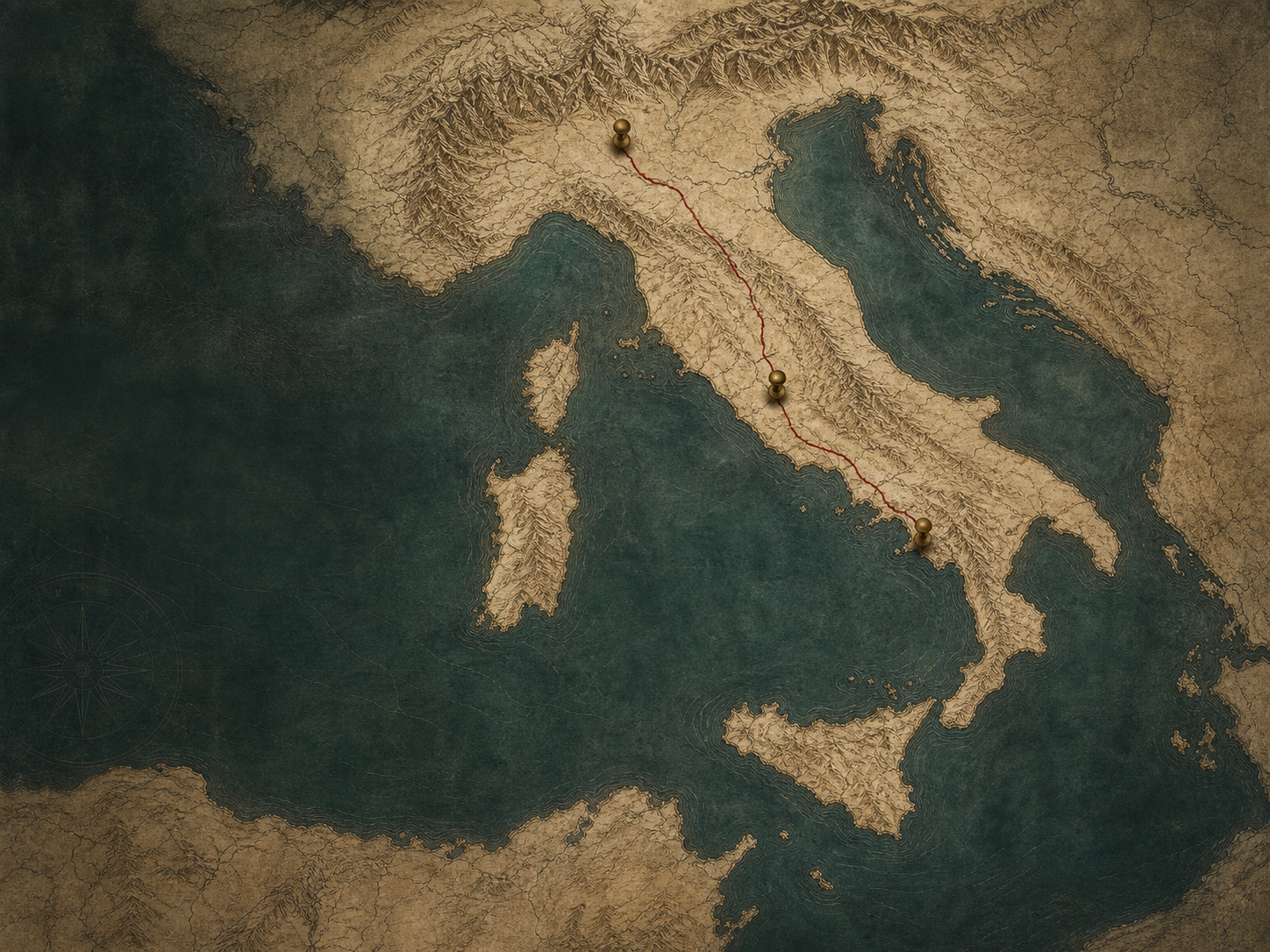 An illustrated atlas of Italy with a route and recommendation pins